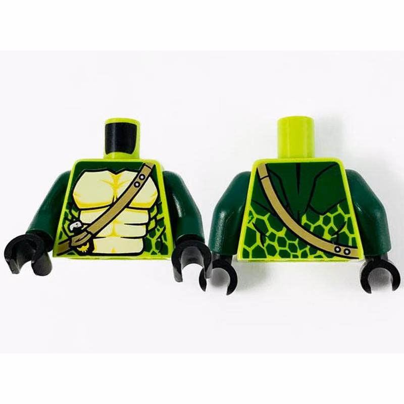 Torso Ninjago Snake with Dark Tan Shoulder Belt and Green and Tan Scales Pattern / Dark Green Arms / Black Hands (Spitta) Torso Ninjago Snake with Dark Tan Shoulder Belt and Green and Tan Scales Pattern / Dark Green Arms / Black Hands (Spitta)
