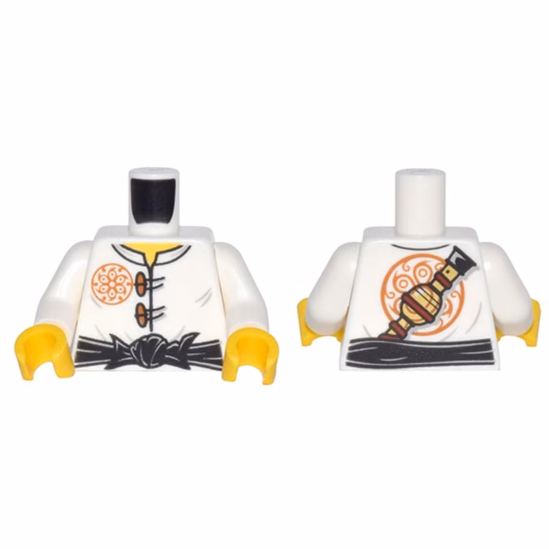 Torso Ninjago Dark Orange Flower Medallion and Toggle Buttons, Black Sash, Pipe on Back Pattern / White Arms / Yellow Hands Torso Ninjago Dark Orange Flower Medallion and Toggle Buttons, Black Sash, Pipe on Back Pattern / White Arms / Yellow Hands