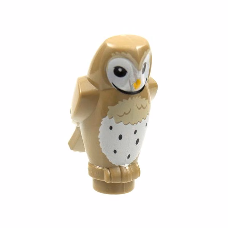 Owl, Angular Features with Bright Light Orange Beak, Black Eyes, and Tan and White Chest Feathers Pattern