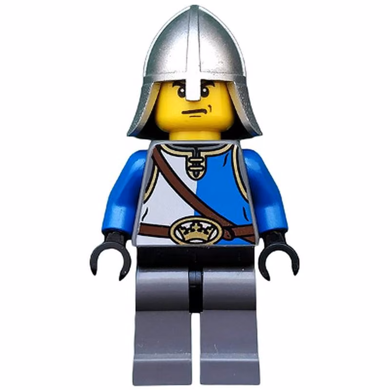 Castle - King's Knight Blue and White with Chest Strap and Crown Belt, Helmet with Neck Protector, Angry Eyebrows and Scowl Castle - King's Knight Blue and White with Chest Strap and Crown Belt, Helmet with Neck Protector, Angry Eyebrows and Scowl
