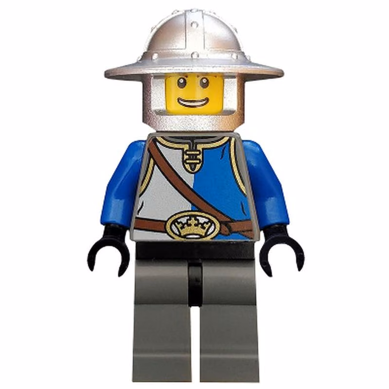 Castle - King's Knight Blue and White with Chest Strap and Crown Belt, Helmet with Broad Brim, Open Grin Castle - King's Knight Blue and White with Chest Strap and Crown Belt, Helmet with Broad Brim, Open Grin