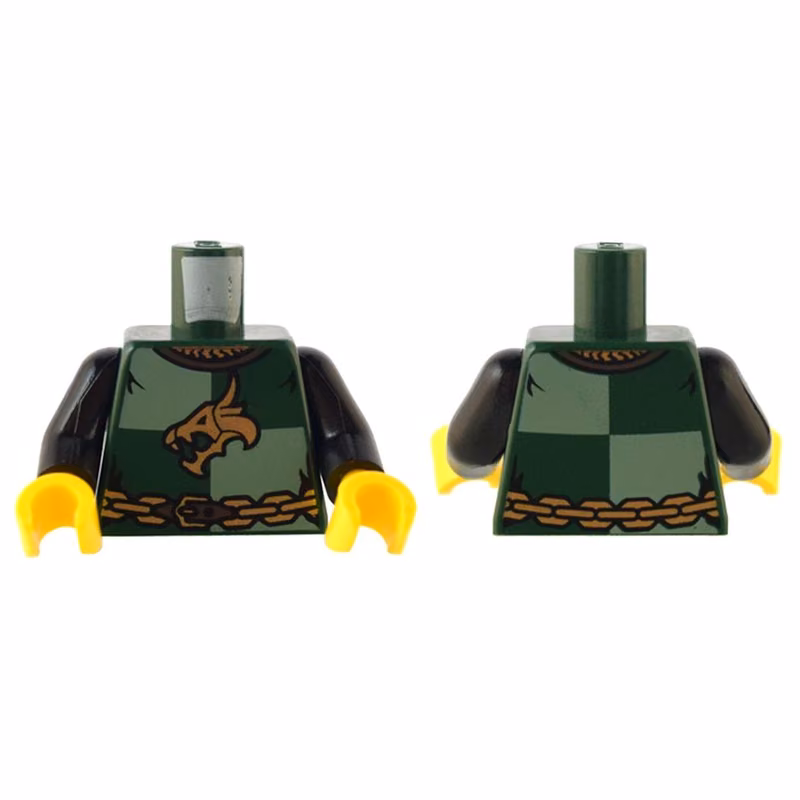 Torso Castle Kingdoms Gold Dragon Head and Chain Belt on Sand Green and Dark Green Quarters Pattern / Black Arms / Yellow Hands Torso Castle Kingdoms Gold Dragon Head and Chain Belt on Sand Green and Dark Green Quarters Pattern / Black Arms / Yellow Hands