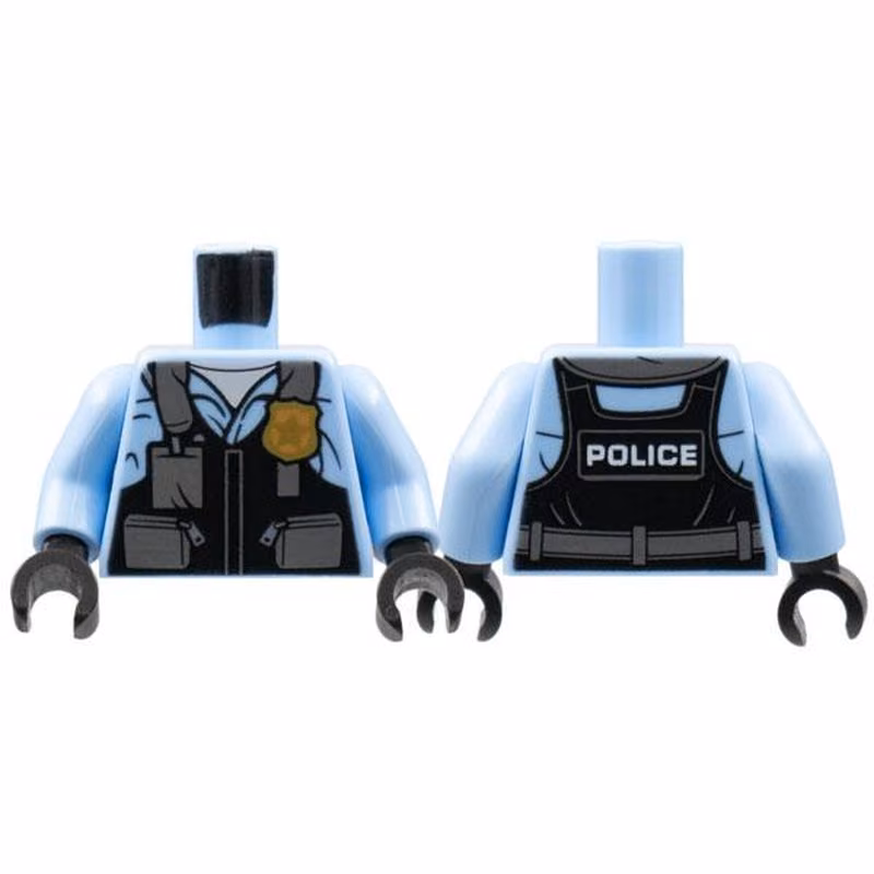 Torso Police Black Pilot Safety Vest with Police Badge and Dark Bluish Gray Pockets Pattern / Bright Light Blue Arms / Black Hands Torso Police Black Pilot Safety Vest with Police Badge and Dark Bluish Gray Pockets Pattern / Bright Light Blue Arms / Black Hands