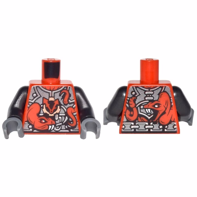 Torso Ninjago Metallic Silver Armor with 2 Large Red Snakes with White Fangs and Clock Pattern / Pearl Dark Gray Arms / Dark Bluish Gray Hands Torso Ninjago Metallic Silver Armor with 2 Large Red Snakes with White Fangs and Clock Pattern / Pearl Dark Gray Arms / Dark Bluish Gray Hands