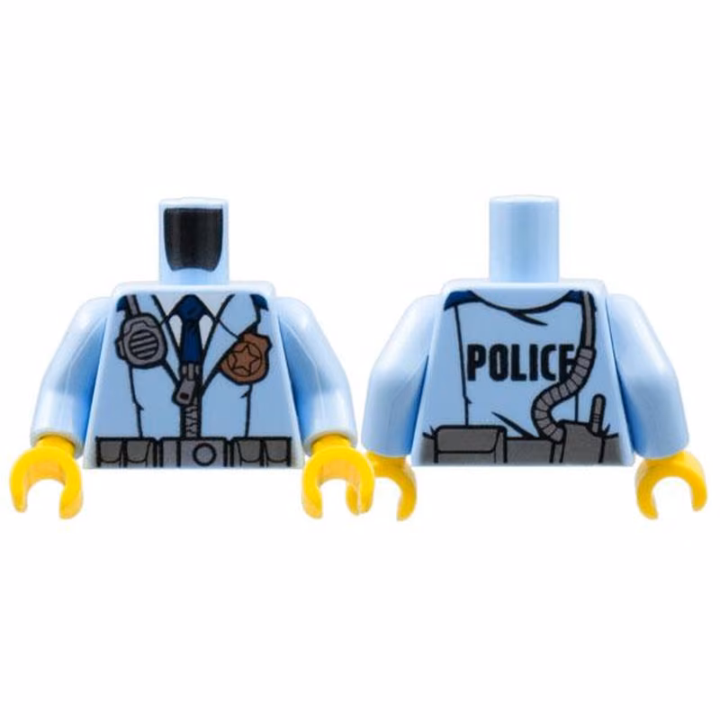 Torso Police Male Jacket with Zipper, Dark Blue Tie, Gold Badge, Radio and 'POLICE' Pattern on Back / Bright Light Blue Arms / Yellow Hands