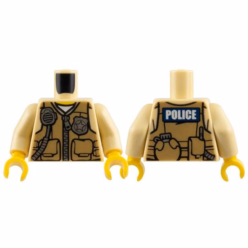 Torso Police Shirt with Dark Tan Vest with Pockets, Silver Radio and Badge, Zipper and 'POLICE' Pattern on Back / Tan Arms / Yellow Hands