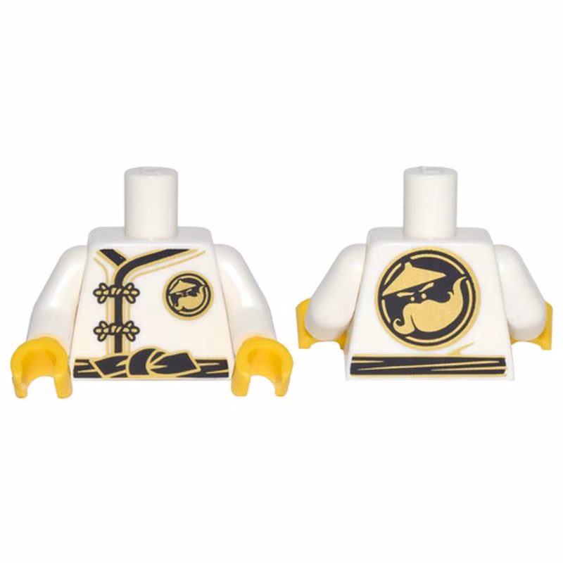 Torso Ninjago Robe with Gold Frog Clasps, Black Sash and Gold Sensei Wu Emblem Front and Back Pattern / White Arms / Yellow Hands