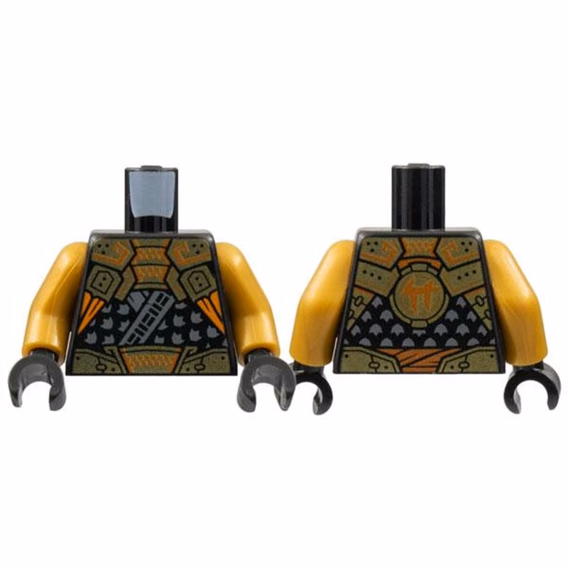 Torso Tunic, Dark Bluish Gray Trim, Gold Shoulder Armor and Belt with Orange Trim, Ninjago Logogram Letter C on Back Pattern / Pearl Gold Arms / Black Hands