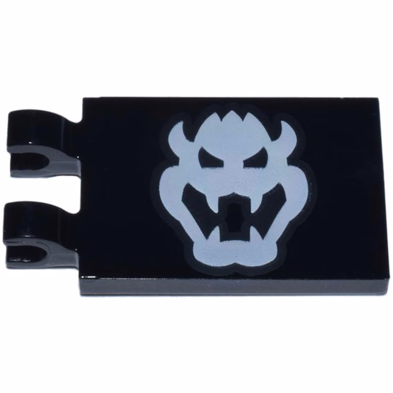 Tile, Modified 2 x 3 with 2 Clips with White Bowser Head Pattern