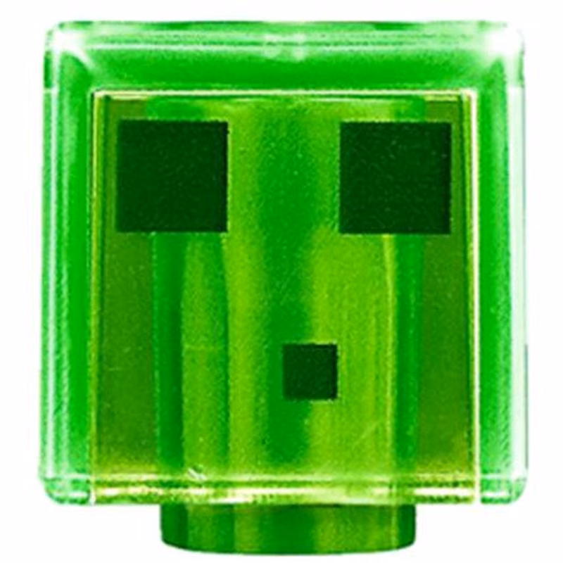Minifigure, Head, Modified Cube with Pixelated Dark Green Eyes and Mouth Pattern (Minecraft Slime) Minifigure, Head, Modified Cube with Pixelated Dark Green Eyes and Mouth Pattern (Minecraft Slime)