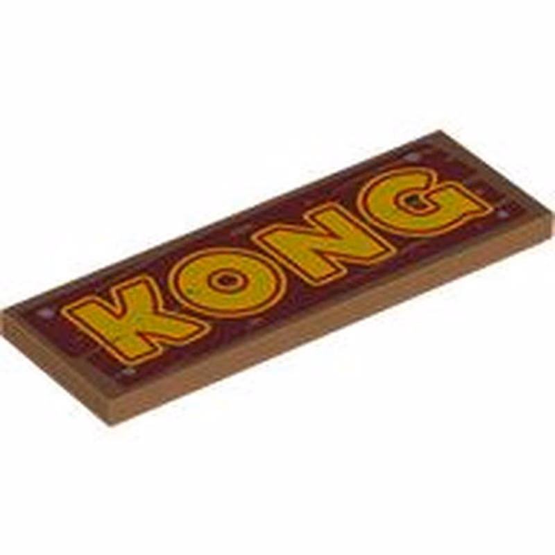 Tile 2 x 6 with Yellow and Red 'KONG' on Dark Red Wood Grain with 4 Silver Nails Pattern