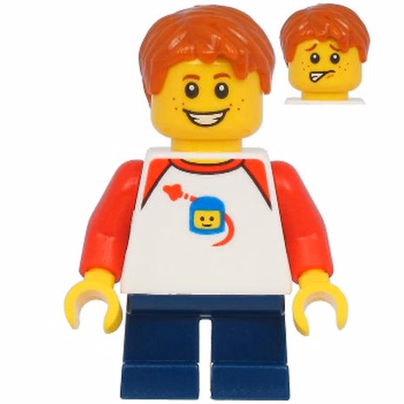 Boy with Classic Space Shirt with Red Sleeves, Dark Blue Short Legs, Dark Orange Hair