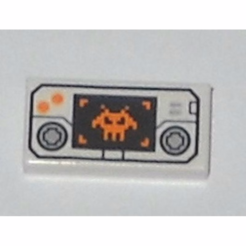 Tile 1 x 2 with Handheld Video Game with Directional Pads, Orange Buttons, and Pixelated Alien on Black Screen Pattern