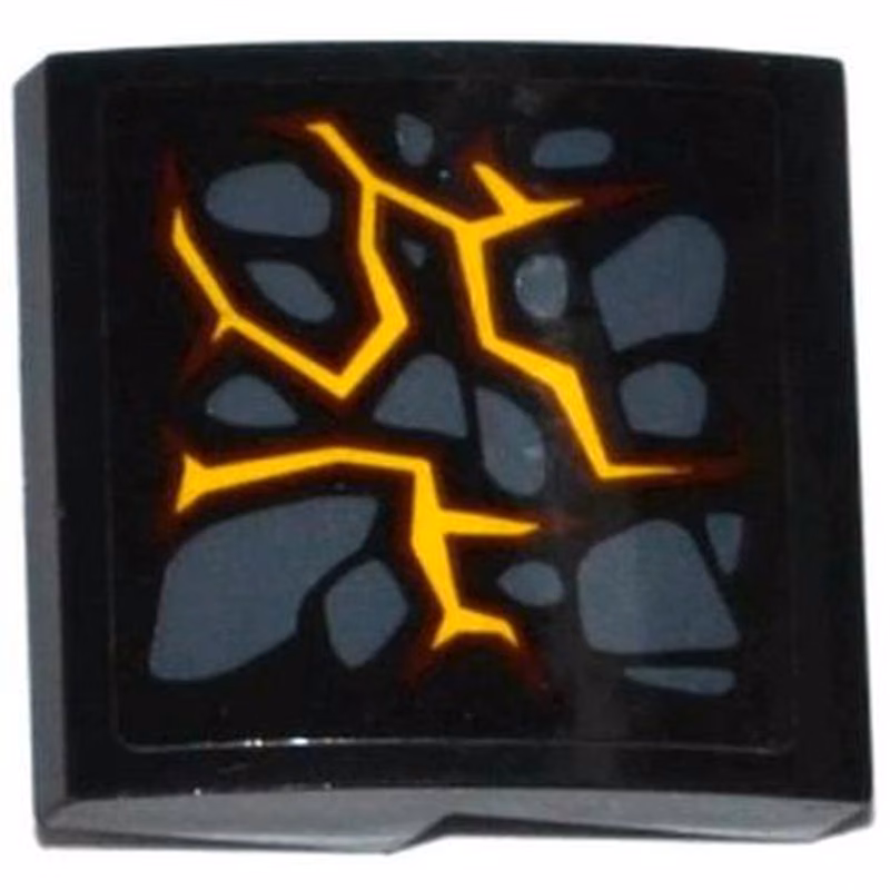 Slope, Curved 2 x 2 x 2/3 with Dark Bluish Gray Stones and Dark Red and Bright Light Orange Cracks Pattern Model Left Side (Sticker) - Set 70316