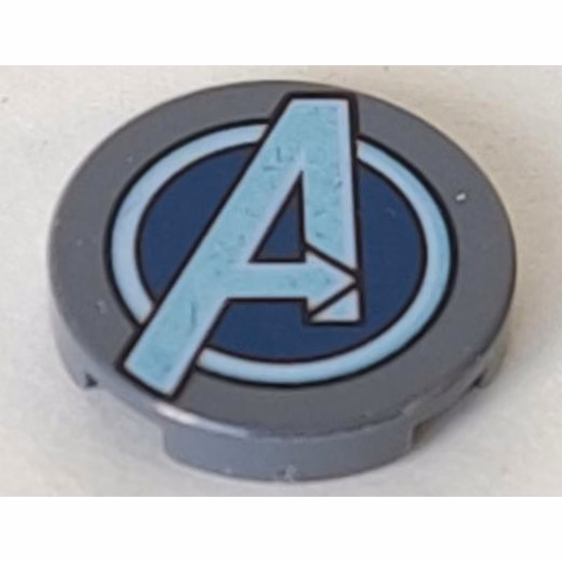 Tile, Round 2 x 2 with Bottom Stud Holder with Silver Avengers Logo Pattern Tile, Round 2 x 2 with Bottom Stud Holder with Silver Avengers Logo Pattern