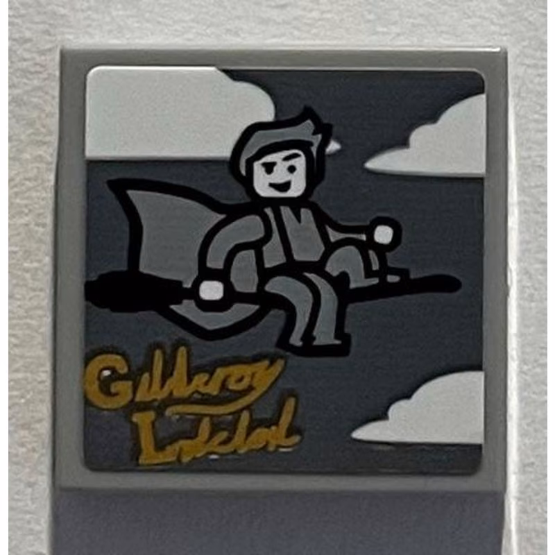 Tile 2 x 2 with Clouds, Minifigure on Broom, Gold Script 'Gilderoy Lockhart' Pattern (Sticker) - Set 76389 Tile 2 x 2 with Clouds, Minifigure on Broom, Gold Script 'Gilderoy Lockhart' Pattern (Sticker) - Set 76389