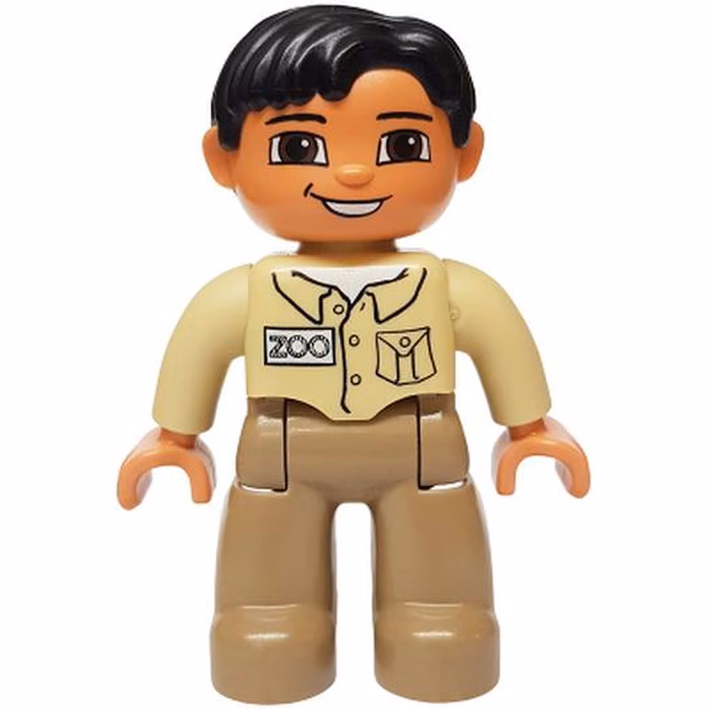 Duplo Figure Lego Ville, Male, Dark Tan Legs, Tan Top, Black Hair, Brown Eyes (Zoo Keeper)
