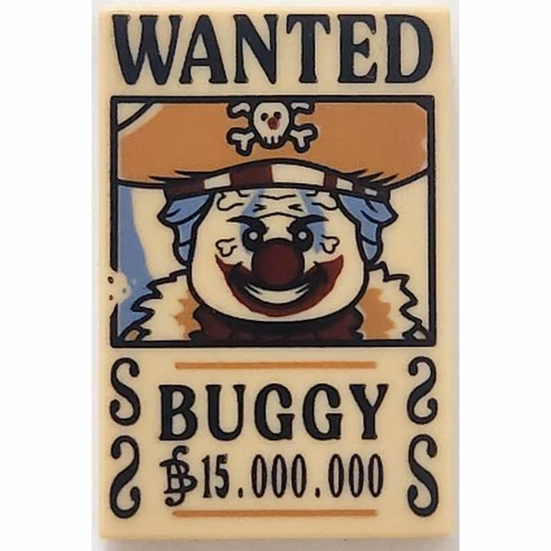 Tile 2 x 3 with Wanted Poster with Black 'WANTED' 'BUGGY' (Berry) '15.000.000' Pattern Tile 2 x 3 with Wanted Poster with Black 'WANTED' 'BUGGY' (Berry) '15.000.000' Pattern