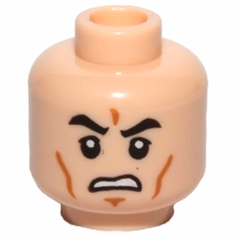 Minifigure, Head Black Eyebrows, Upper Eyelids, Medium Nougat Cheek Lines and Chin Dimple, Open Mouth Scowl with Teeth Pattern Minifigure, Head Black Eyebrows, Upper Eyelids, Medium Nougat Cheek Lines and Chin Dimple, Open Mouth Scowl with Teeth Pattern