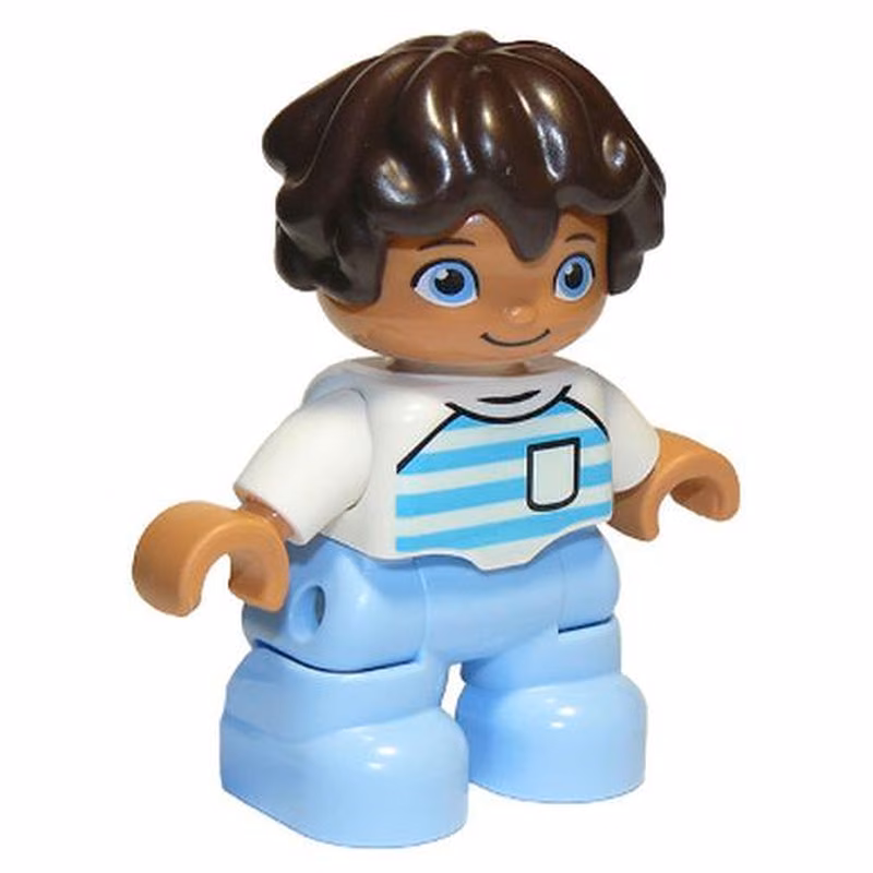 Duplo Figure Lego Ville, Child Boy, Bright Light Blue Legs, White Top with Medium Azure and Light Aqua Stripes, White Arms, Dark Brown Hair (6296134)