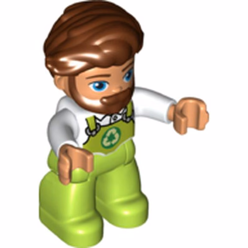 Duplo Figure Lego Ville, Male, Lime Legs with Overalls and Recycling Logo, Reddish Brown Hair and Beard (6343321)