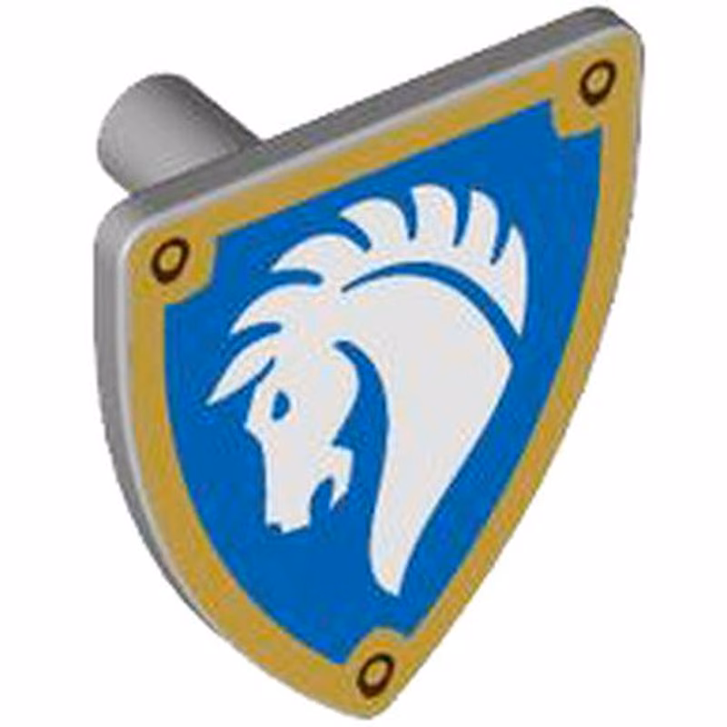 Minifigure, Shield Triangular Short with White Horse Head on Blue Background with Gold Border Pattern Minifigure, Shield Triangular Short with White Horse Head on Blue Background with Gold Border Pattern