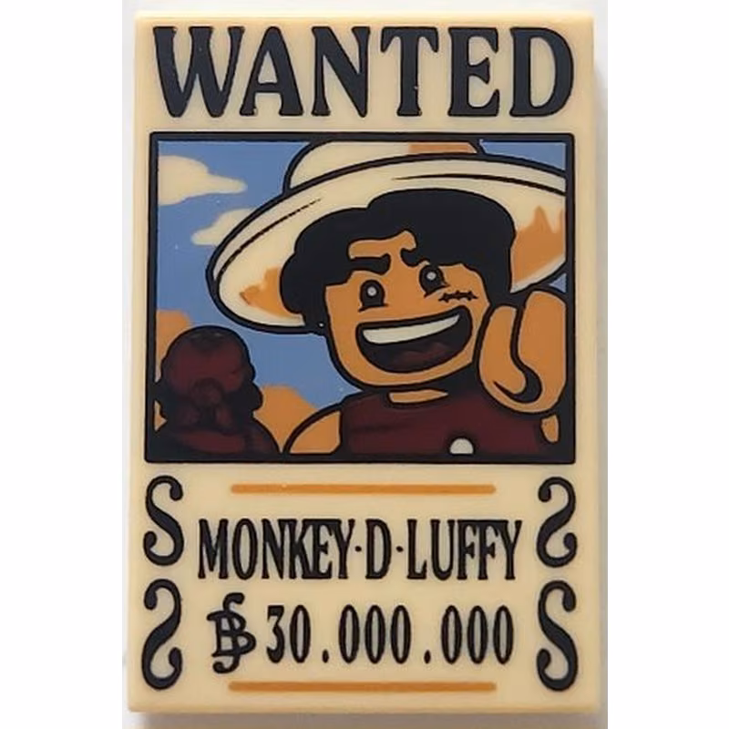 Tile 2 x 3 with Wanted Poster with Black 'WANTED' 'MONKEY-D-LUFFY' (Berry) '$30.000.000' Pattern Tile 2 x 3 with Wanted Poster with Black 'WANTED' 'MONKEY-D-LUFFY' (Berry) '$30.000.000' Pattern