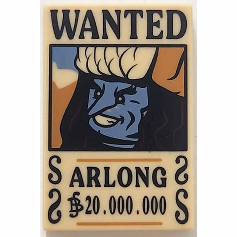 Tile 2 x 3 with Wanted Poster with Black 'WANTED' 'ARLONG' (Berry) '20.000.000' Pattern Tile 2 x 3 with Wanted Poster with Black 'WANTED' 'ARLONG' (Berry) '20.000.000' Pattern