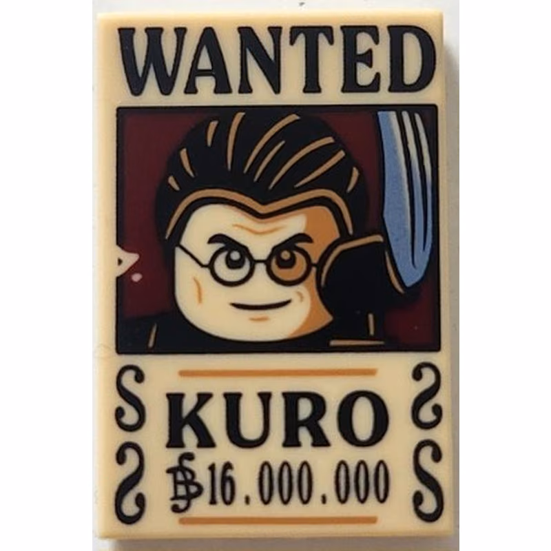 Tile 2 x 3 with Wanted Poster with Black 'WANTED' 'KURO' (Berry) '16.000.000' Pattern Tile 2 x 3 with Wanted Poster with Black 'WANTED' 'KURO' (Berry) '16.000.000' Pattern