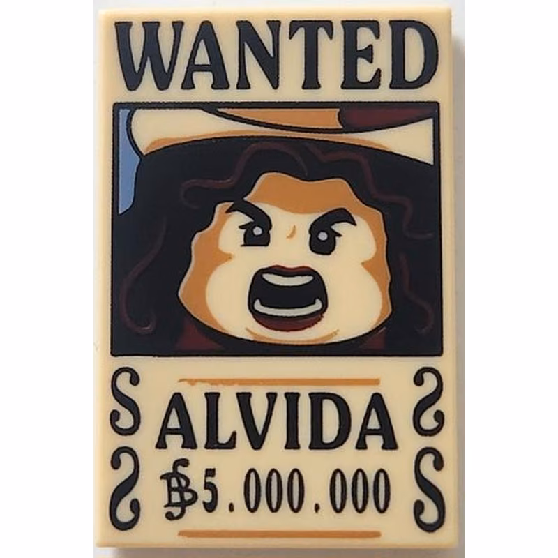 Tile 2 x 3 with Wanted Poster with Black 'WANTED' 'ALVIDA' (Berry) '5.000.000' Pattern Tile 2 x 3 with Wanted Poster with Black 'WANTED' 'ALVIDA' (Berry) '5.000.000' Pattern