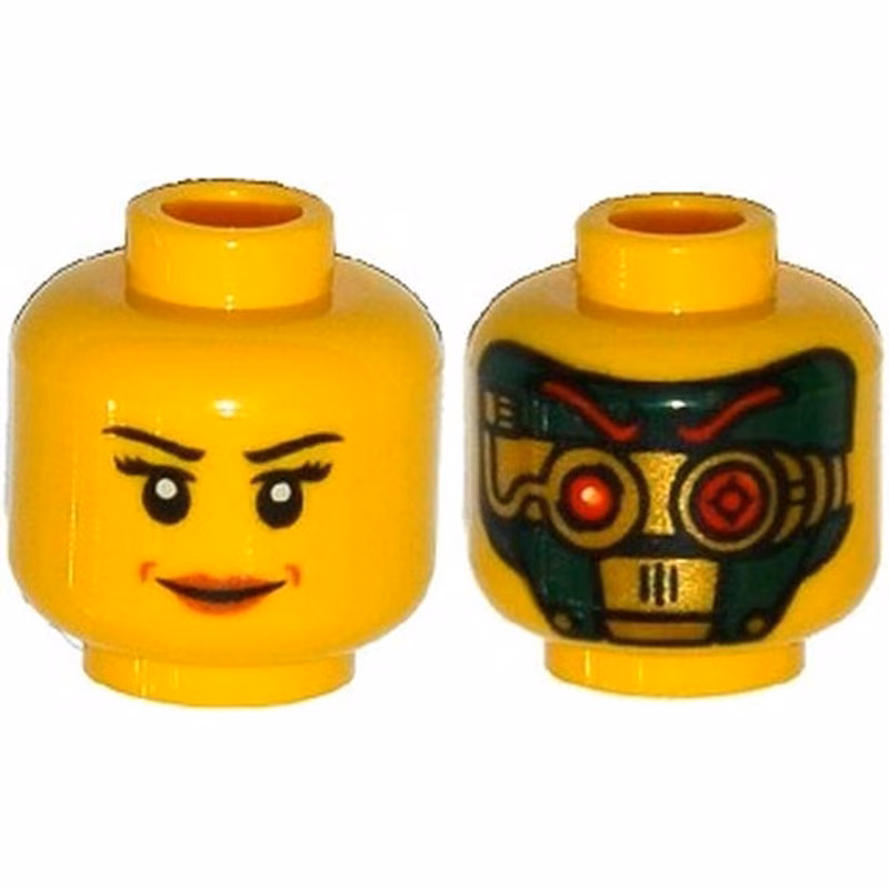 Minifigure, Head Dual Sided Female Black Eyebrows, Eyelashes, Brown Lips / Green and Gold Robot, Red Eyes and Eyebrows Pattern Minifigure, Head Dual Sided Female Black Eyebrows, Eyelashes, Brown Lips / Green and Gold Robot, Red Eyes and Eyebrows Pattern