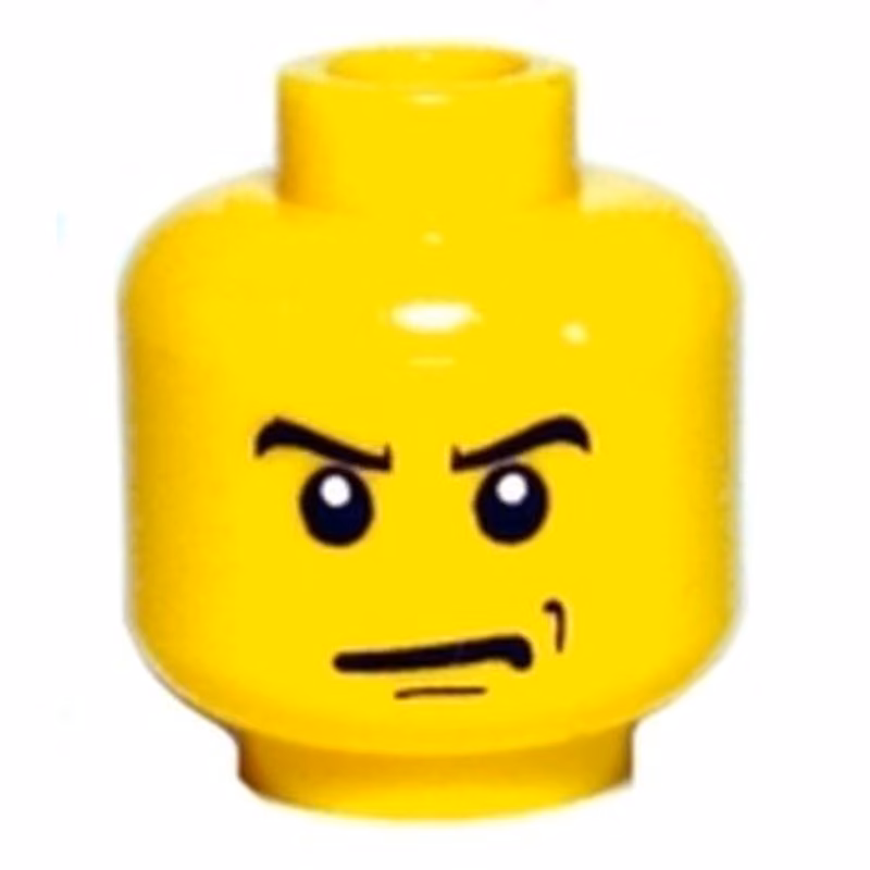 Minifigure, Head Male Angry Eyebrows and Scowl, Black Chin and Left Cheek Dimples Pattern Minifigure, Head Male Angry Eyebrows and Scowl, Black Chin and Left Cheek Dimples Pattern