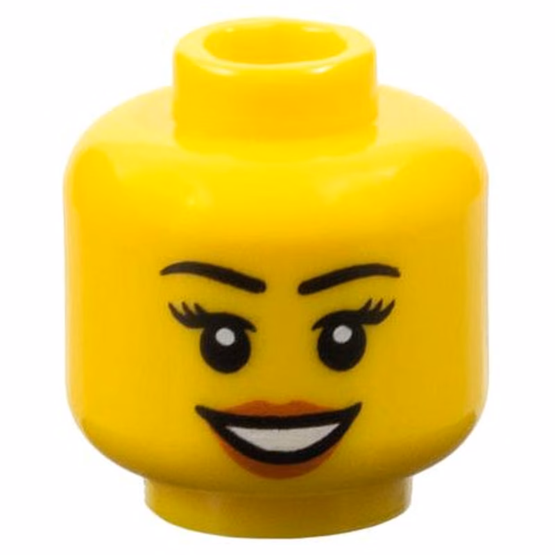 Minifigure, Head Female Black Eyebrows and Eyelashes, Dark Orange Lips, Open Mouth Smile with Teeth Pattern Minifigure, Head Female Black Eyebrows and Eyelashes, Dark Orange Lips, Open Mouth Smile with Teeth Pattern