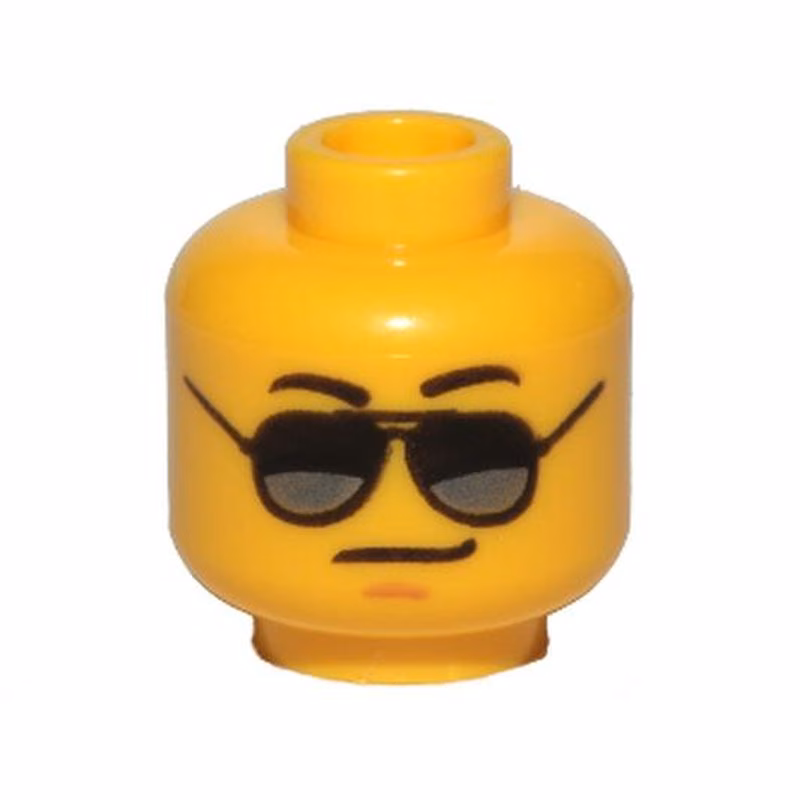 Minifigure, Head Glasses with Black and Silver Sunglasses, Medium Nougat Chin Dimple, Smirk Pattern Minifigure, Head Glasses with Black and Silver Sunglasses, Medium Nougat Chin Dimple, Smirk Pattern