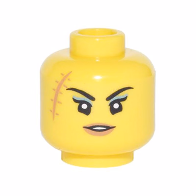 Minifigure, Head Female Black Thin Eyebrows, Large Scar with Stitches, Medium Nougat Lips, Open Slight Smile Pattern Minifigure, Head Female Black Thin Eyebrows, Large Scar with Stitches, Medium Nougat Lips, Open Slight Smile Pattern