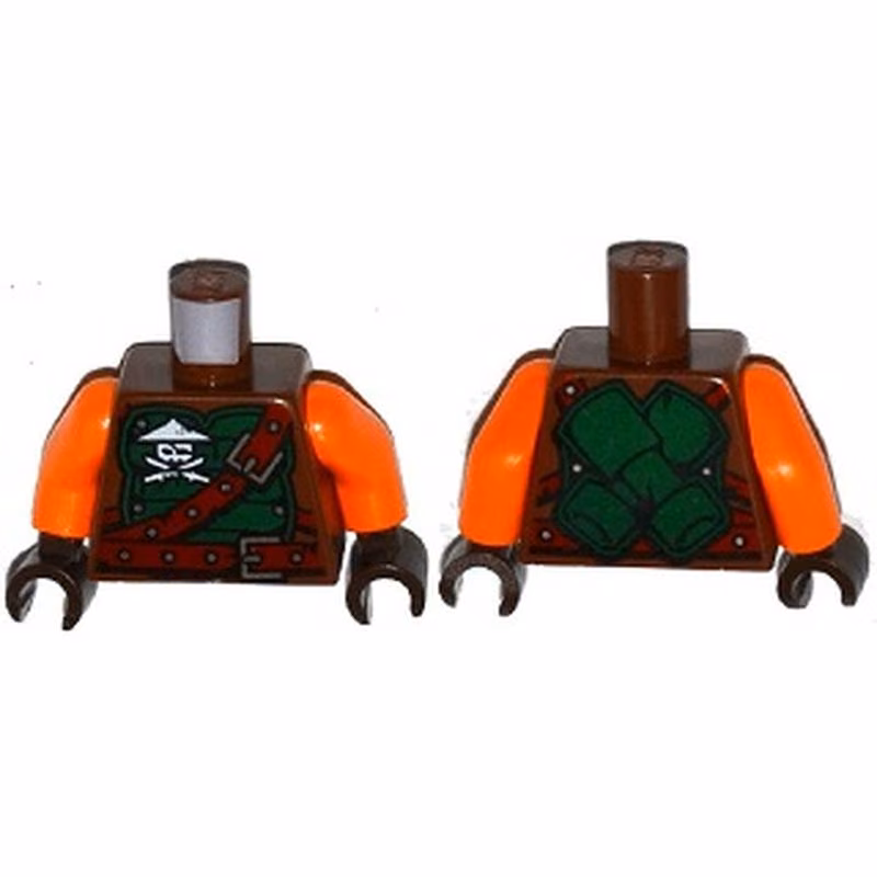 Torso Ninjago Green Armor with Belts, Ninja Skull with Crossed Swords and Scabbards Pattern / Orange Arms / Dark Brown Hands Torso Ninjago Green Armor with Belts, Ninja Skull with Crossed Swords and Scabbards Pattern / Orange Arms / Dark Brown Hands