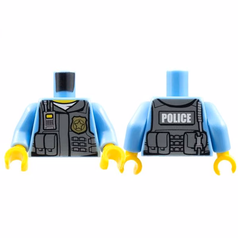 Torso Police Shirt with Dark Bluish Gray Vest, Gold Badge, Radio, White Undershirt and White 'POLICE' Pattern on Back / Medium Blue Arms / Yellow Hands Torso Police Shirt with Dark Bluish Gray Vest, Gold Badge, Radio, White Undershirt and White 'POLICE' Pattern on Back / Medium Blue Arms / Yellow Hands