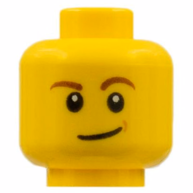 Minifigure, Head Reddish Brown Eyebrows, White Pupils, Lopsided Smile and Medium Nougat Dimple Pattern Minifigure, Head Reddish Brown Eyebrows, White Pupils, Lopsided Smile and Medium Nougat Dimple Pattern