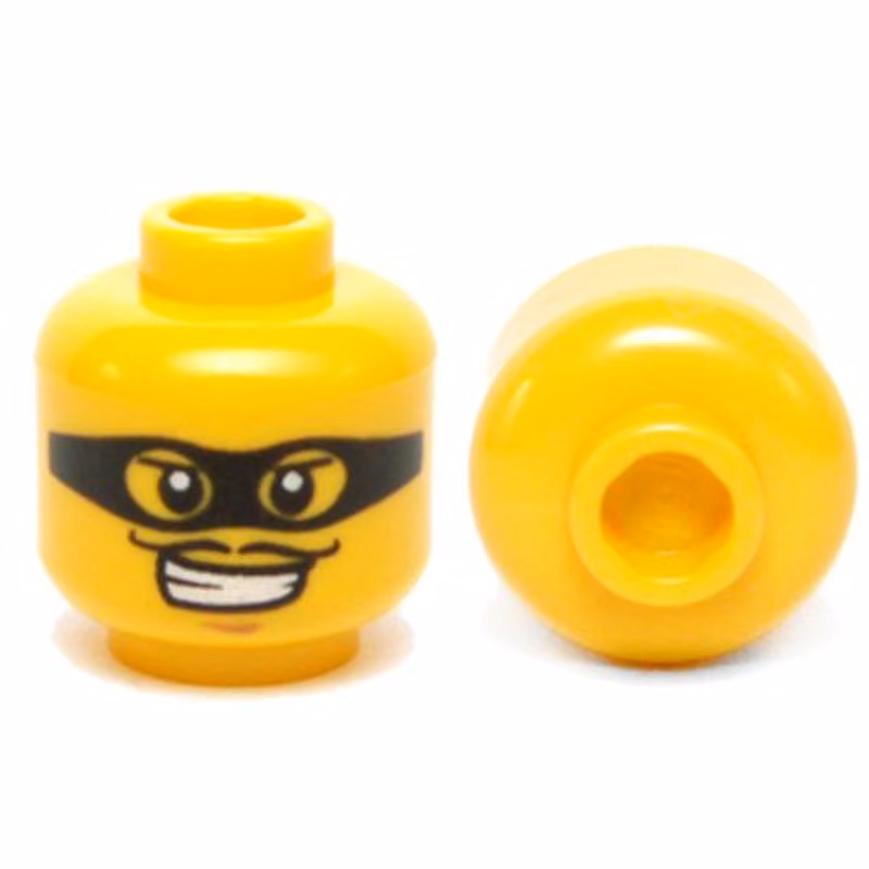 Minifigure, Head Male Black Eye Mask Black with Eye Holes and Thin Moustache Pattern