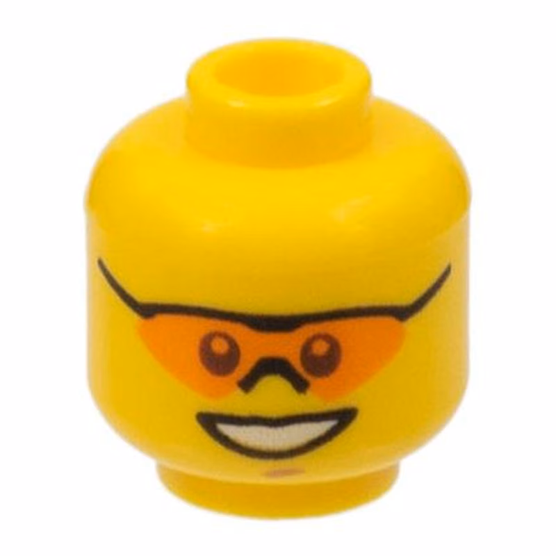Minifigure, Head Sunglasses with Single Orange Lens and Black Nose Piece, Medium Nougat Chin Dimple, Open Mouth Smile with Teeth Pattern