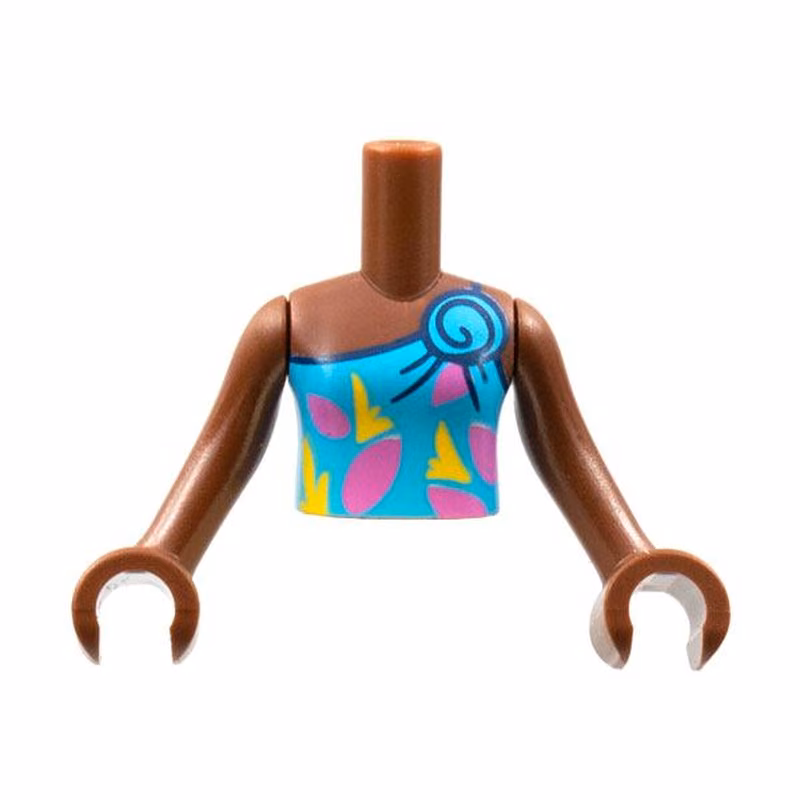 Torso Mini Doll Girl Dark Azure 1-Strap Tank Top, Yellow and Dark Pink Shapes Pattern, Reddish Brown Arms with Hands