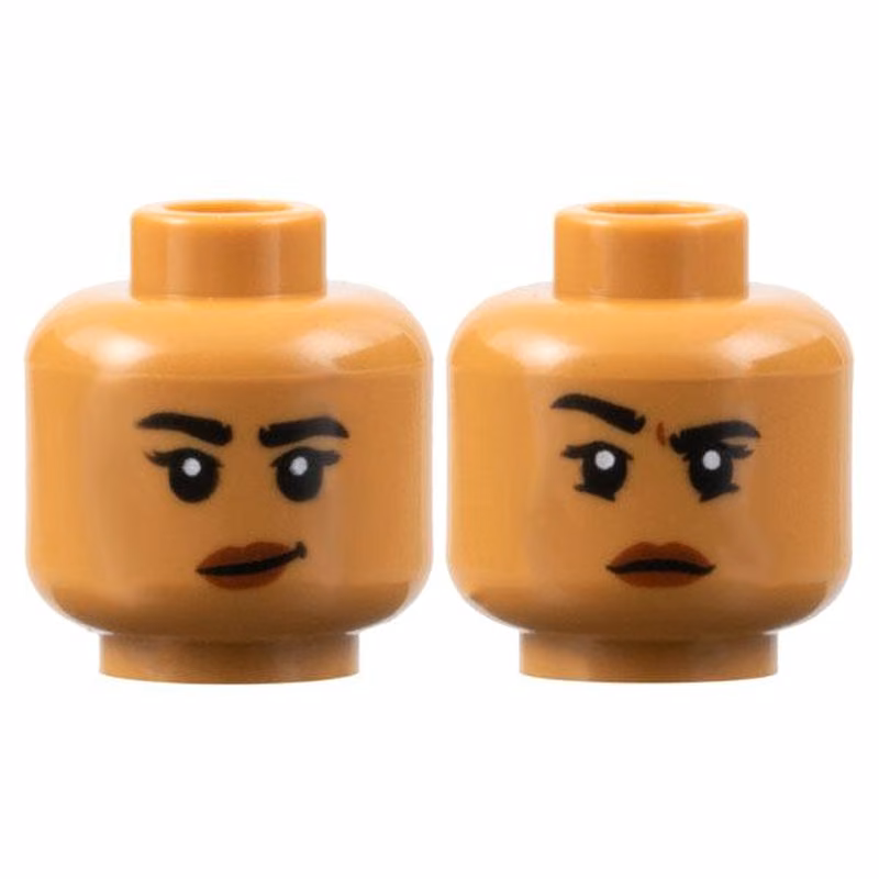 Minifigure, Head Dual Sided Female, Black Eyebrows, Reddish Brown Lips, Lopsided Grin / Right Eyebrow Raised Pattern