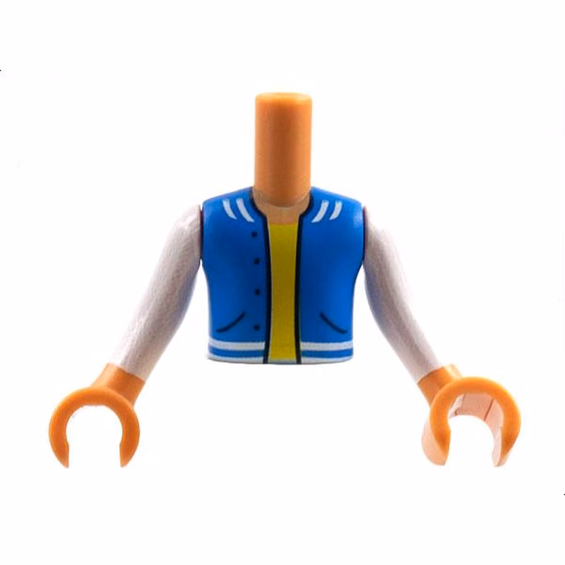 Torso Mini Doll Boy Blue Vest with Pockets, Yellow Undershirt Pattern, Nougat Arms with Hands with White Long Sleeves