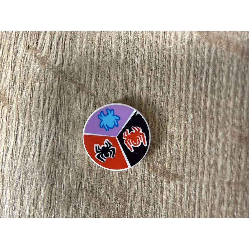Tile, Round 2 x 2 with Bottom Stud Holder with Red, Black, and Medium Azure Spiders on Black, Red, and Medium Lavender Background Pattern