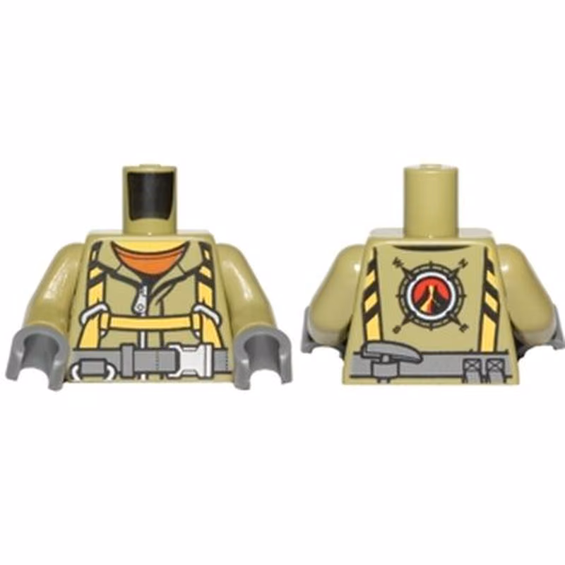Torso Volcano Explorer Jumpsuit with Dark Bluish Gray Belt and Yellow Harness Front, Volcano Logo Back Pattern / Olive Green Arms / Dark Bluish Gray Hands Torso Volcano Explorer Jumpsuit with Dark Bluish Gray Belt and Yellow Harness Front, Volcano Logo Back Pattern / Olive Green Arms / Dark Bluish Gray Hands