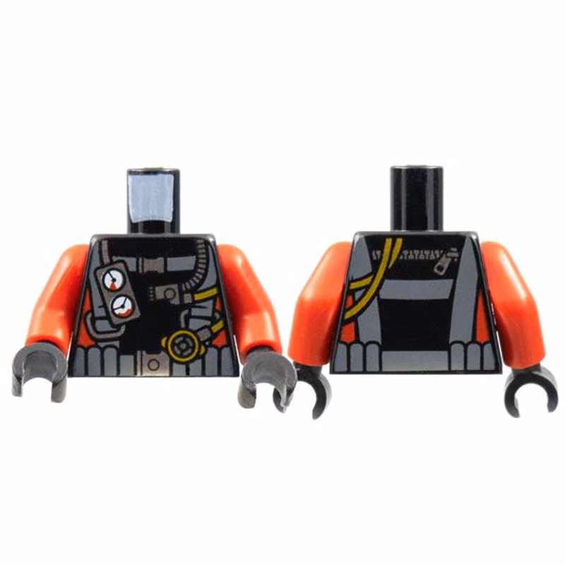 Torso Diving Suit with Dark Bluish Gray Harness, Gauges on Front, Hoses and Zipper on Back, Red Stripes on Sides Pattern / Red Arms / Black Hands Torso Diving Suit with Dark Bluish Gray Harness, Gauges on Front, Hoses and Zipper on Back, Red Stripes on Sides Pattern / Red Arms / Black Hands