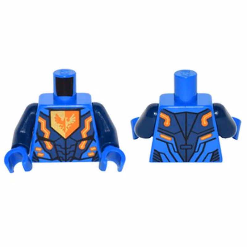 Torso Nexo Knights Armor with Orange and Gold Circuitry and Falcon on Pentagonal Shield Pattern / Dark Blue Arms / Blue Hands Torso Nexo Knights Armor with Orange and Gold Circuitry and Falcon on Pentagonal Shield Pattern / Dark Blue Arms / Blue Hands