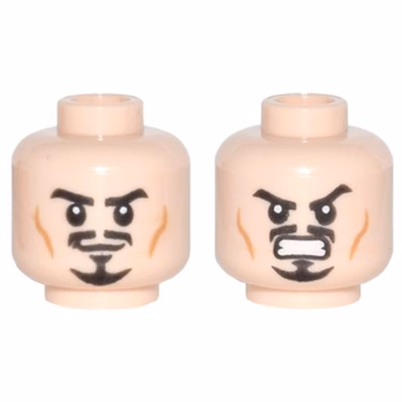 Minifigure, Head Dual Sided Black Eyebrows, Trimmed Moustache and Goatee, Medium Nougat Cheek Lines, Determined Grin / Angry Bared Teeth Pattern