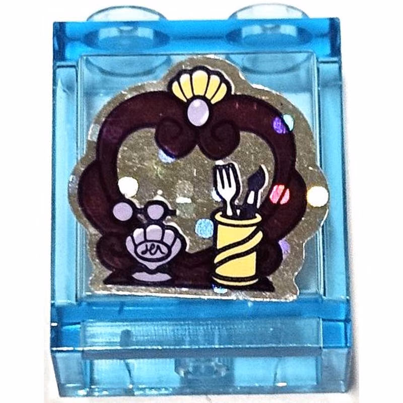 Panel 1 x 2 x 2 with Side Supports - Hollow Studs with Mirror, Bright Light Yellow and Lavender Clam Shells, Brush and Fork in Pot on Silver Holographic Background Pattern (Sticker) - Set 41162