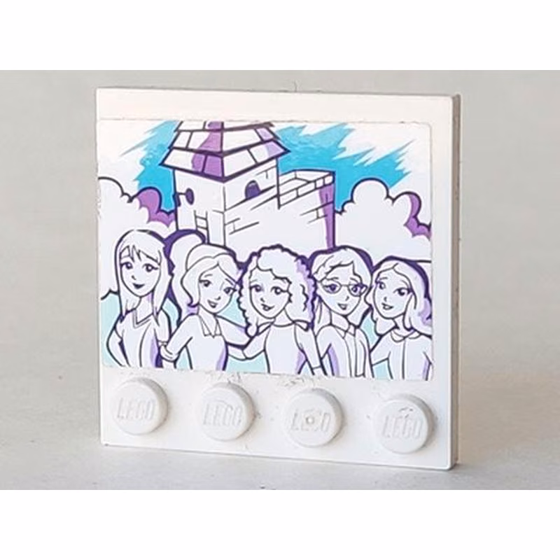 Tile, Modified 4 x 4 with Studs on Edge with Drawing of 5 Friends Girls, Clouds, and Building Pattern (Sticker) - Set 41332